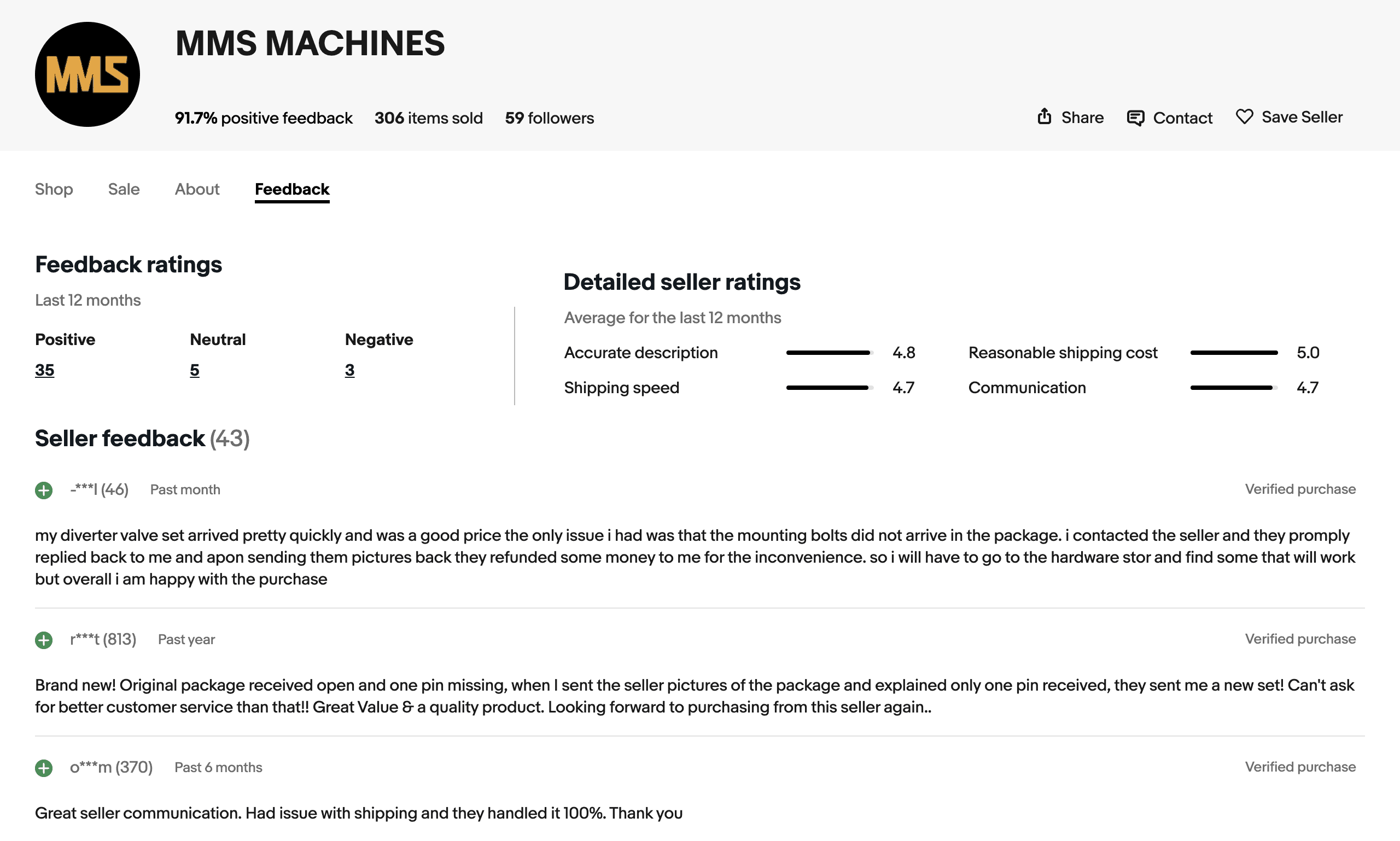 MMS Machines seller feedback: 91.7% positive, 306 items sold